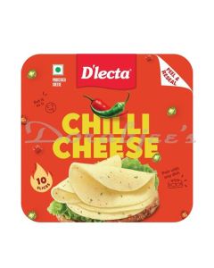 DLECTA CHILLI CHESE SLICES 200G 100 % VEGETARIAN MADE FROM COWS MILK  WITH A MILD CHILLI TASTE.